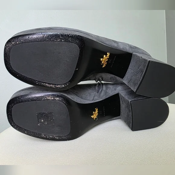 PRADA Grey Suede Platform Retro Block Chunky Heel Ankle Bootie Round Toe 38 - Picture 6 of 14